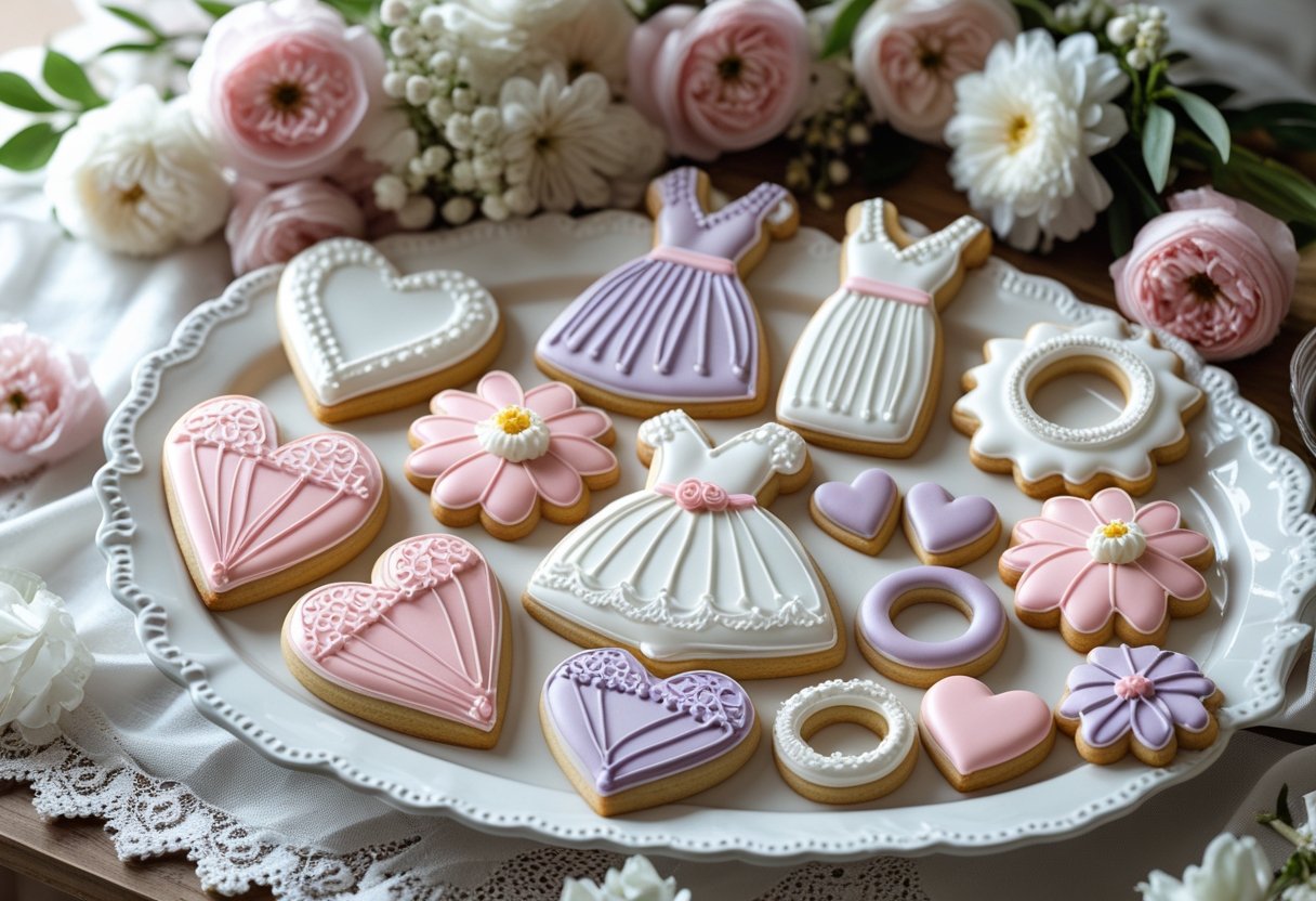 A platter of decorated wedding-themed cookies shaped like dresses, rings, and hearts on a table with flowers.