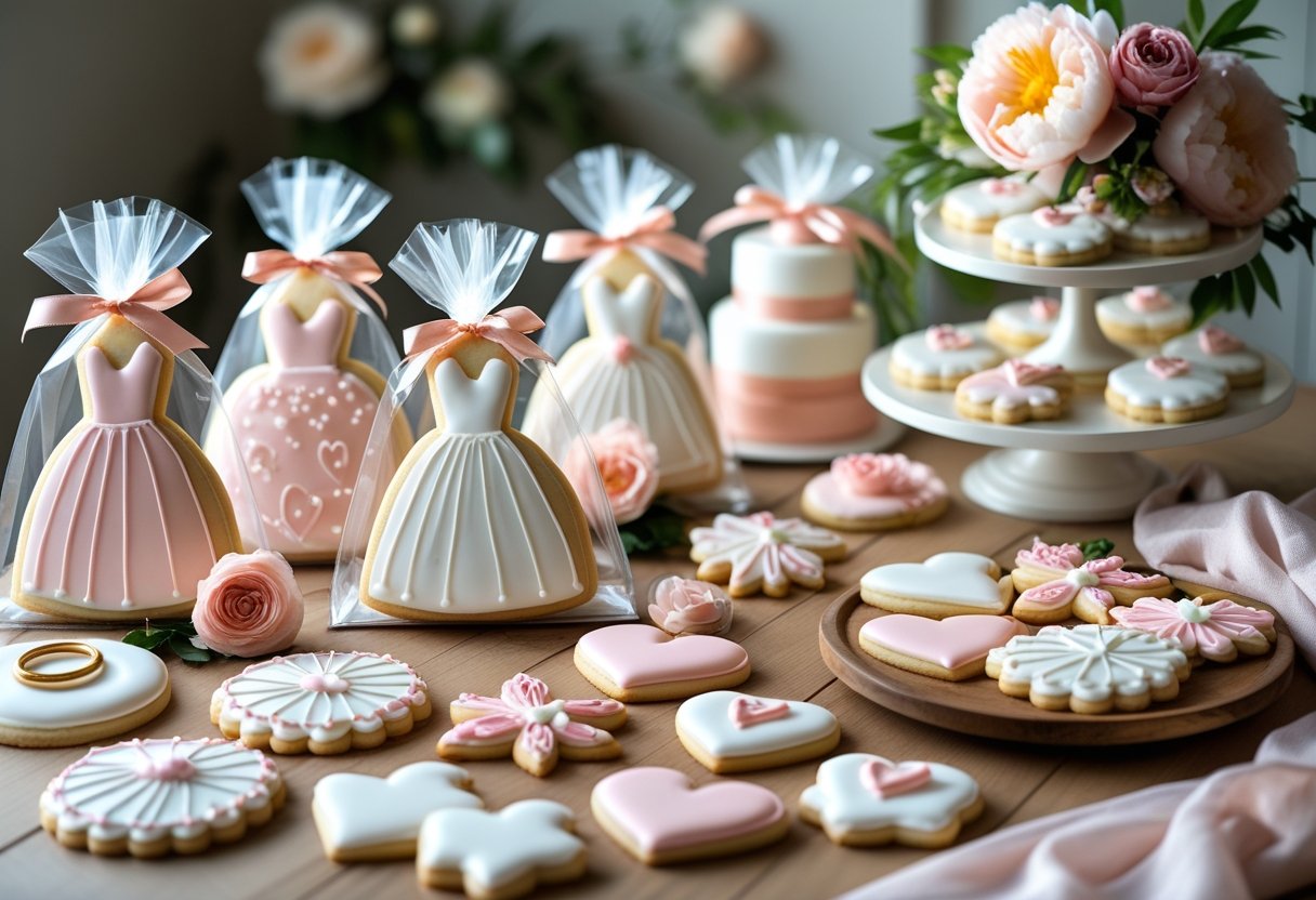 A table with decorated wedding bridal shower cookies arranged on a display stand and packaged in clear bags with ribbons, surrounded by fresh flowers.